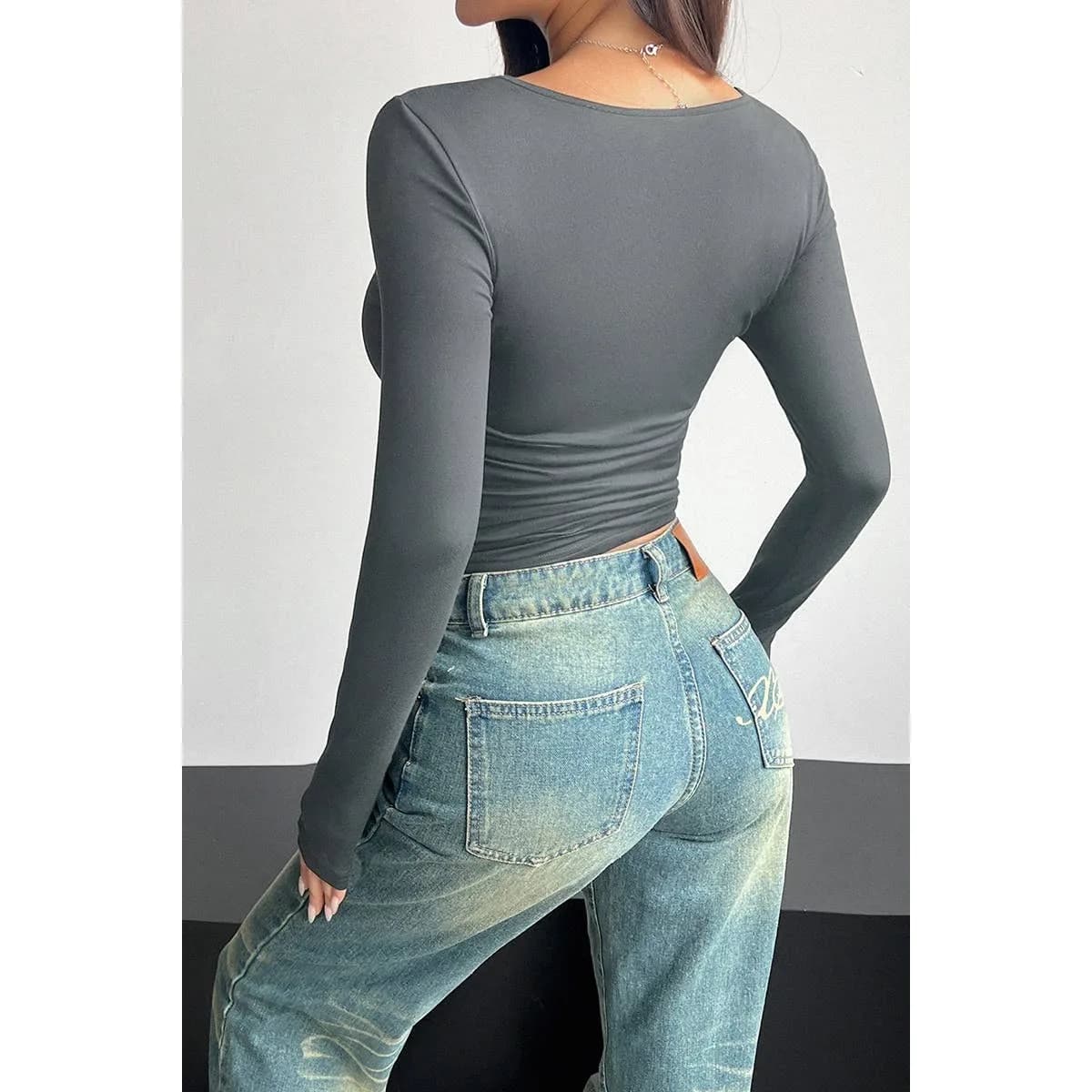 Solid Square Neck Elastic Long Sleeves Shirt