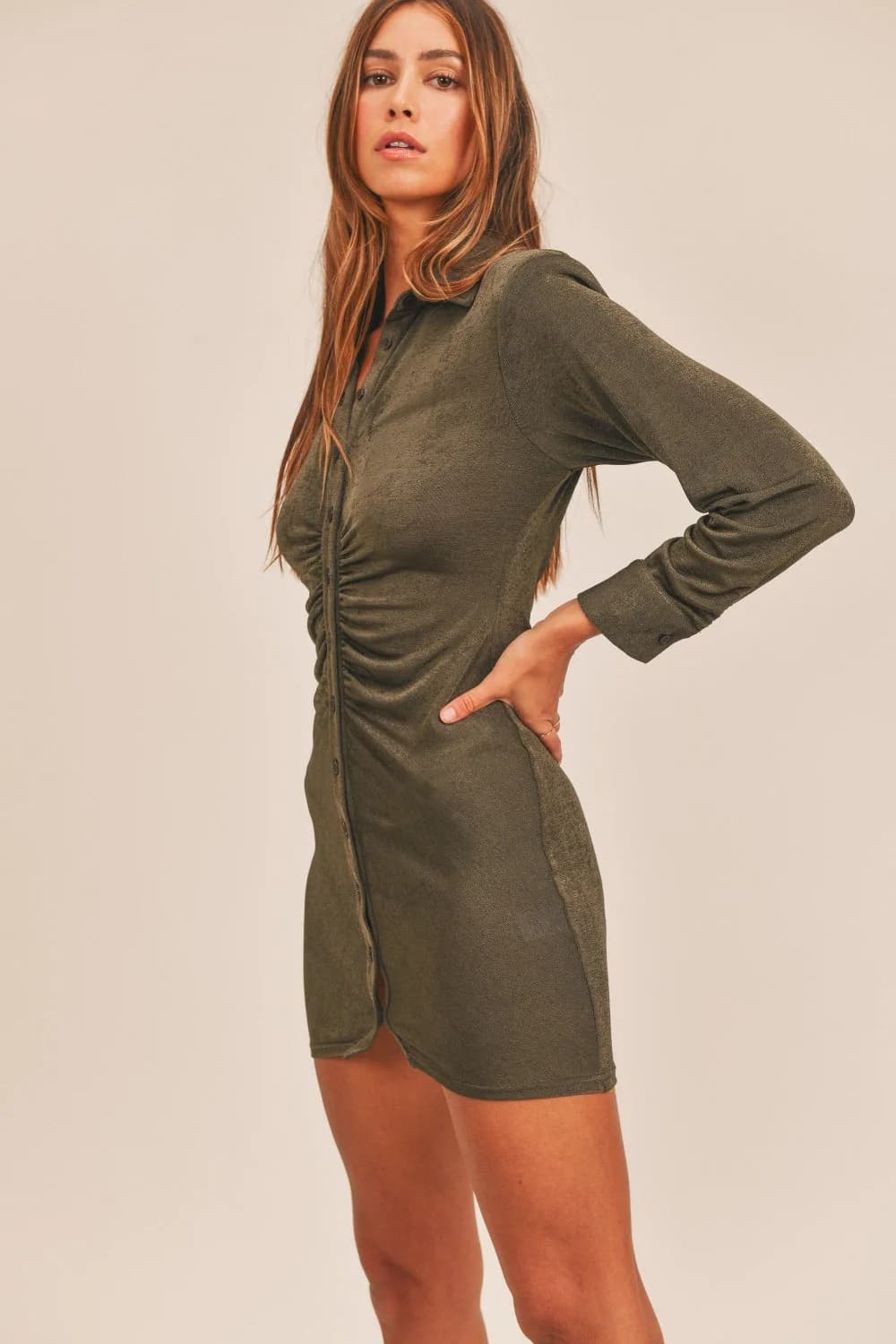 Mable Front Ruched Button-Down Skinny Mini Shirt Dress