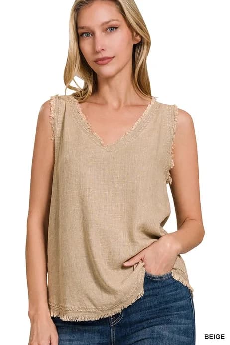 Washed Linen Frayed Edge Vneck Sleeveless Top Zenana (Deep Camel)
