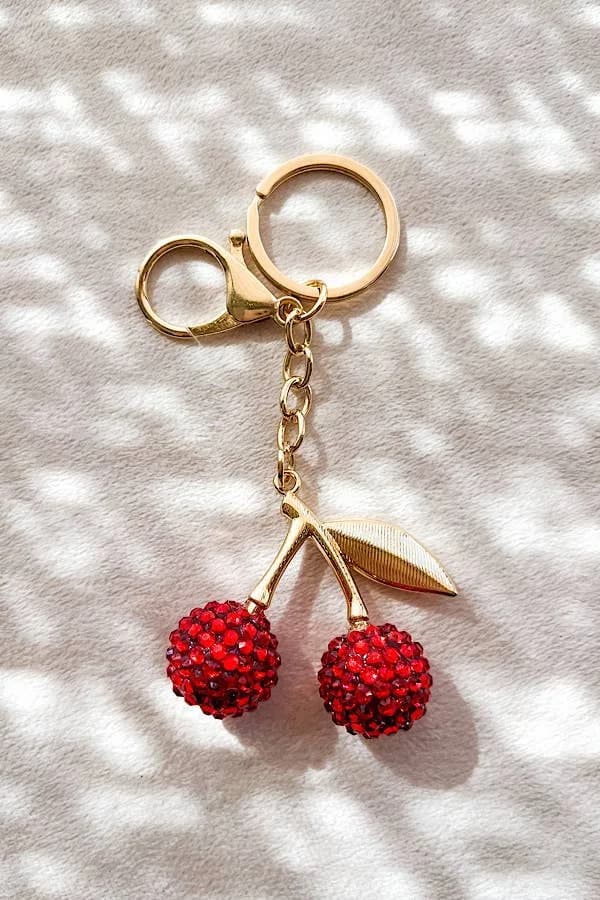 Red Cherry with Gold Leaf Purse Charm Key Chain