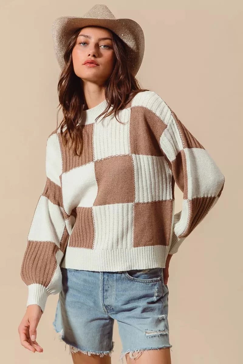 SO ME Ribbed Color Block Checkered Plaid Sweater