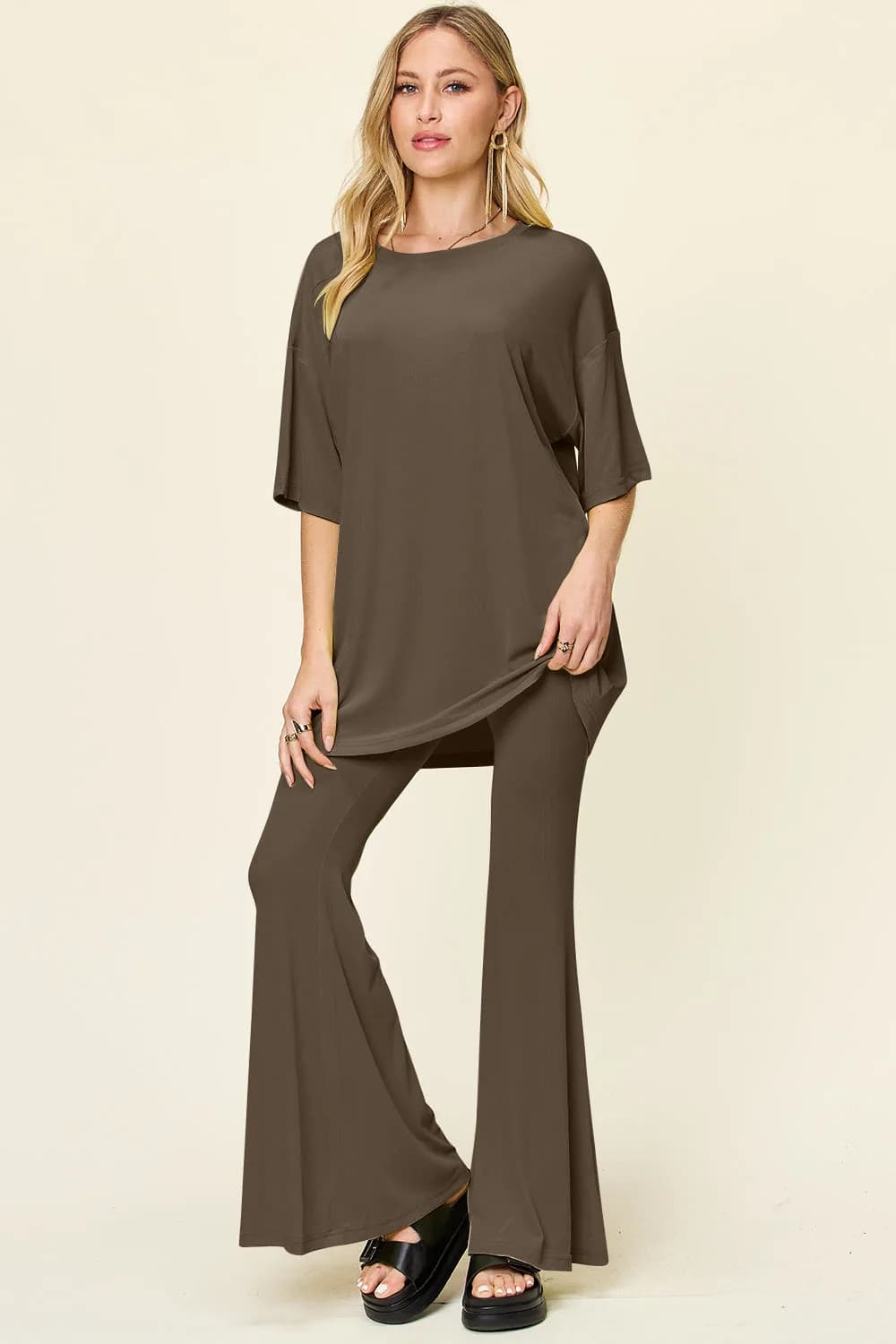 Double Take Full Size Round Neck Drop Shoulder T Shirt and Flare Pants Set Multiple Colors