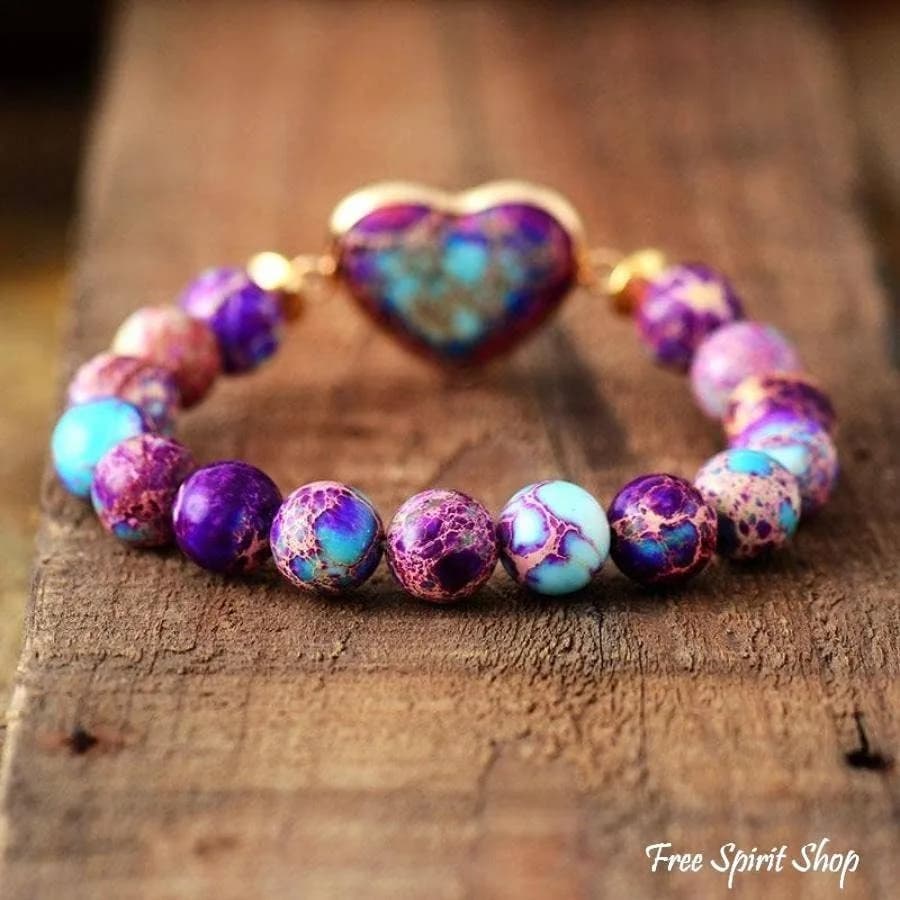 Handmade Purple Jasper Love Bead Bracelet Boho Heart Band