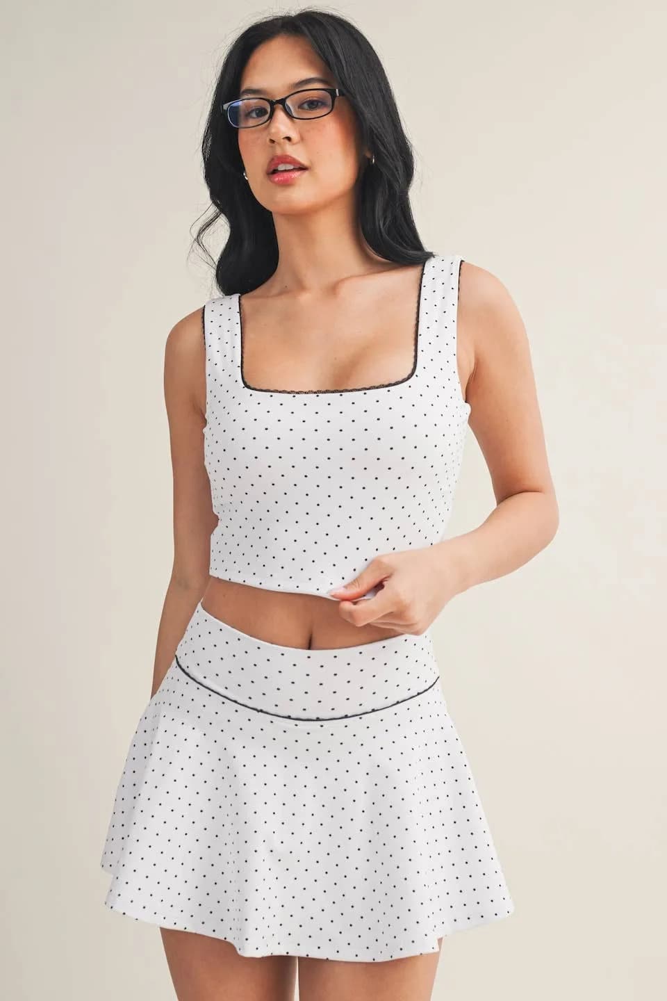 Polka Dot Print Crop Tank with Lace Trim by Kimberly C