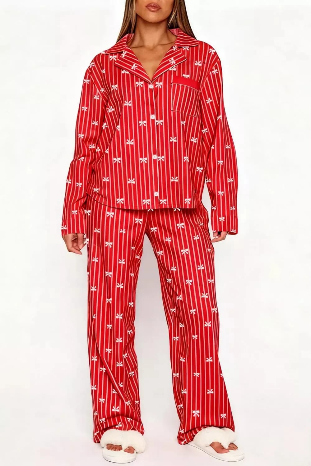 Bow Print Top and Wide Leg Pants Lounge Set