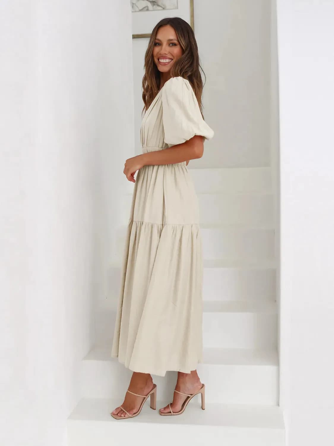 Tiered Surplice Half Sleeve Midi Dress in Multiple Colors