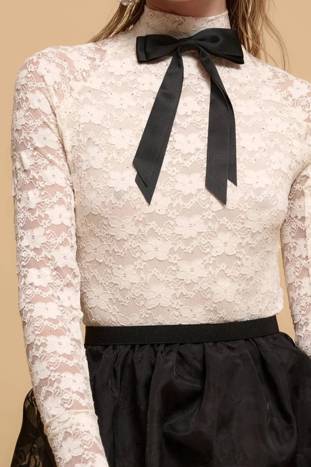Studded Floral Lace High-Mock Neck Knit Top Cream