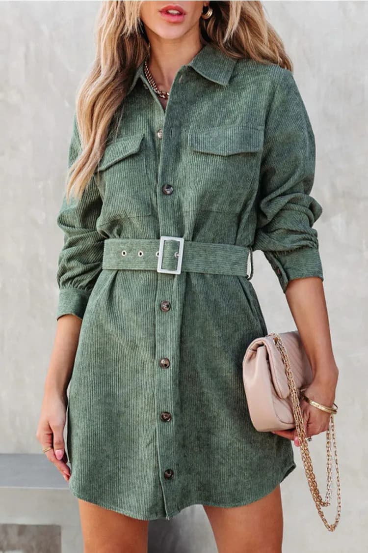 Button Down Corduroy Belted Dress Lilly Clothing