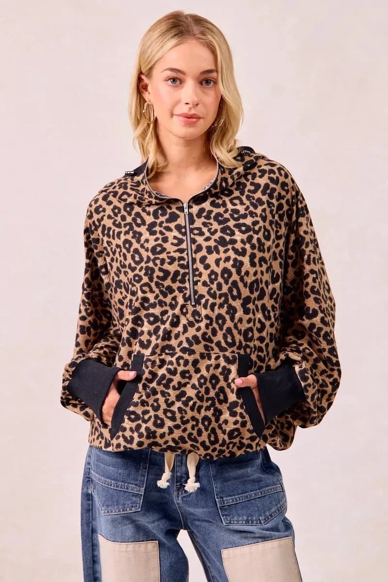 BiBi Leopard Print Waffle Half Zip Up Hoodie W Pocket