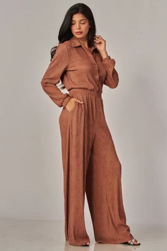 Crinkled Plisse Button Up Casual Jumpsuit