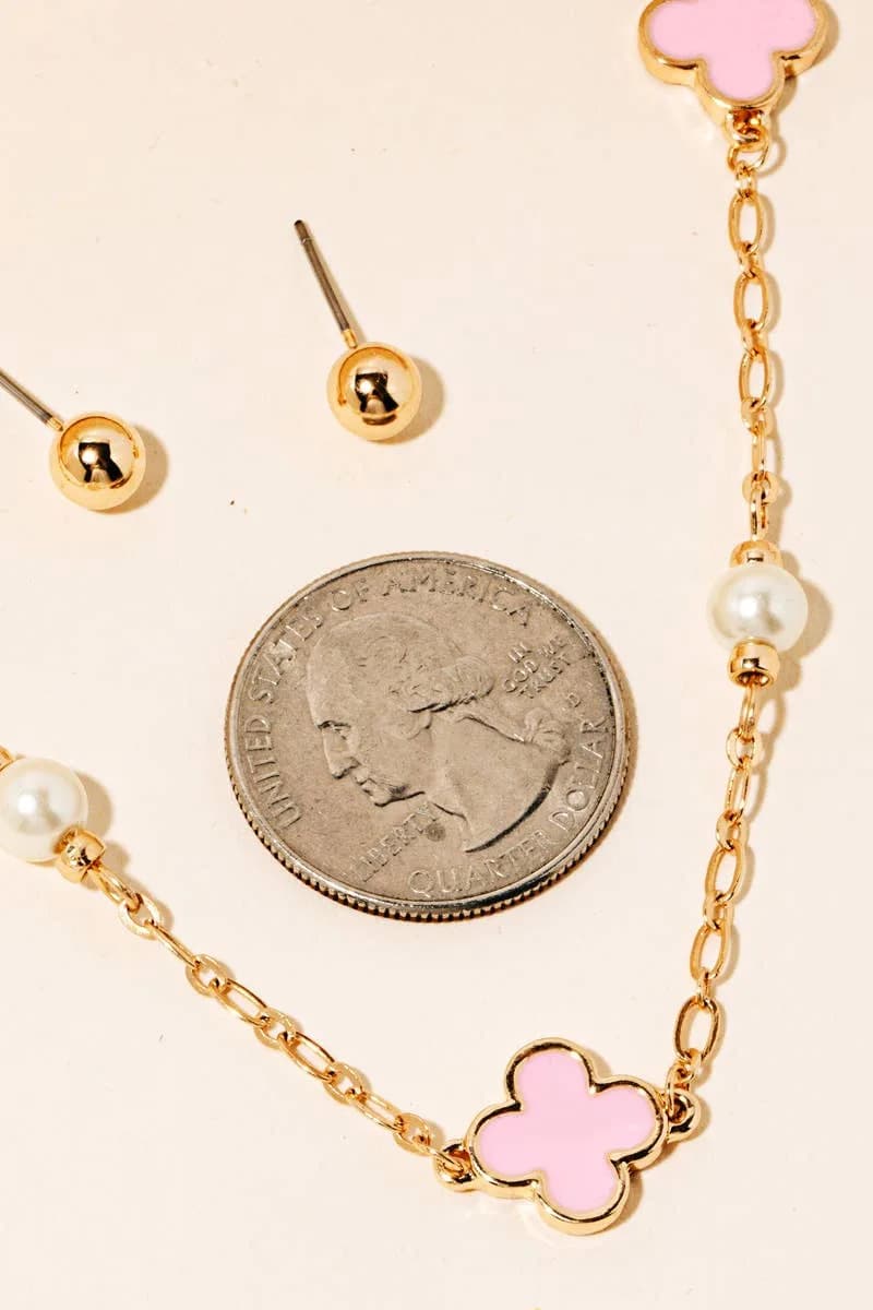 Clover and Pearl Station Charms Chain Necklace Set Anarchy Street (Pink)
