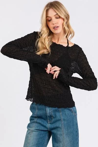 Mittoshop Lettuce Hem Boat Neck Long Sleeve Blouse
