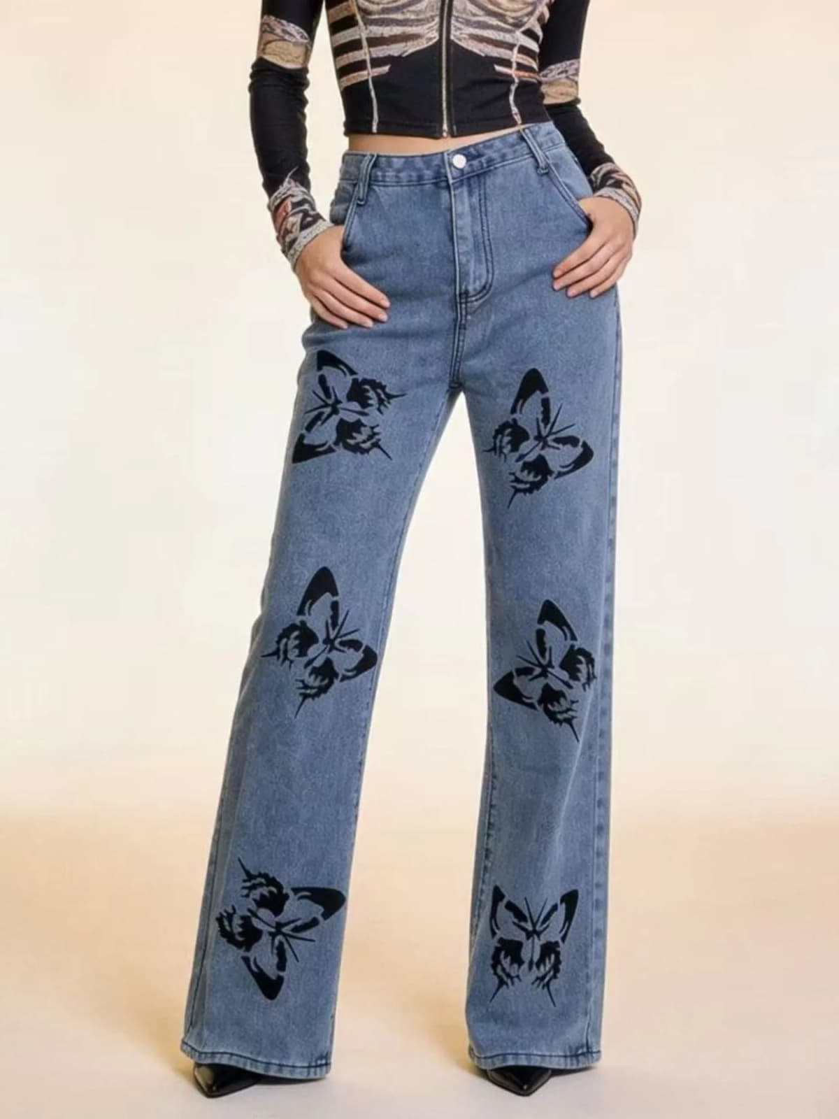 Butterfly Print High-Waisted Wide Leg Jeans