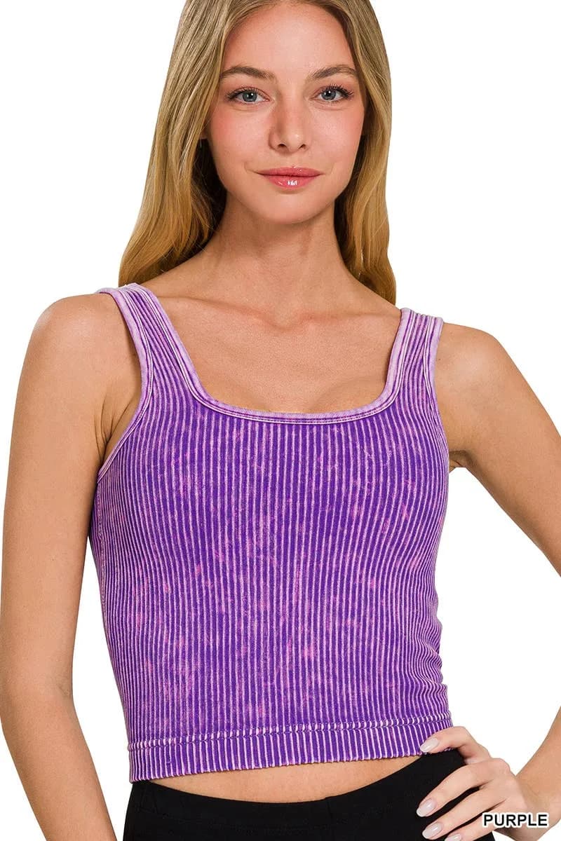 Stone Washed Ribbed Square Neck Tank Crop Top Zenana