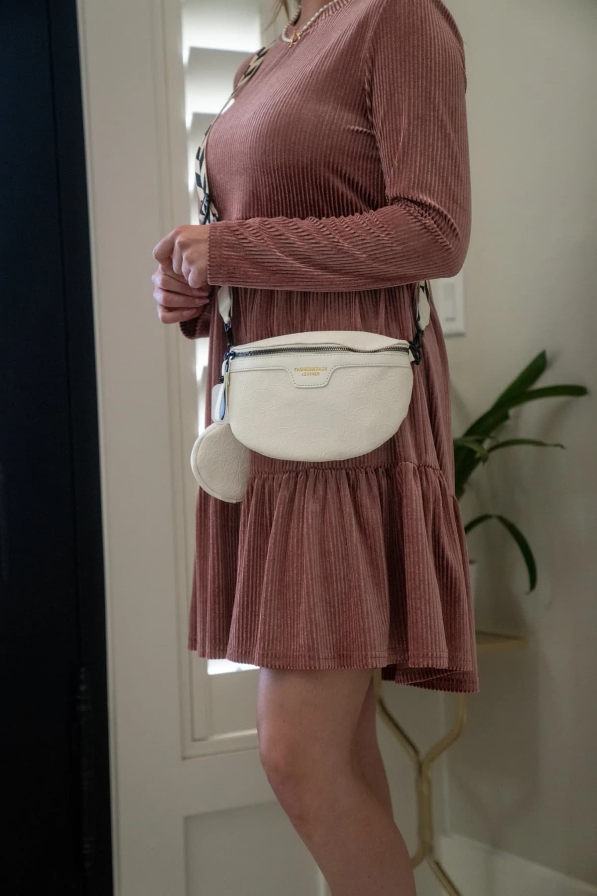 Pale Chestnut Long Sleeve Tiered Ribbed Velvet Dress