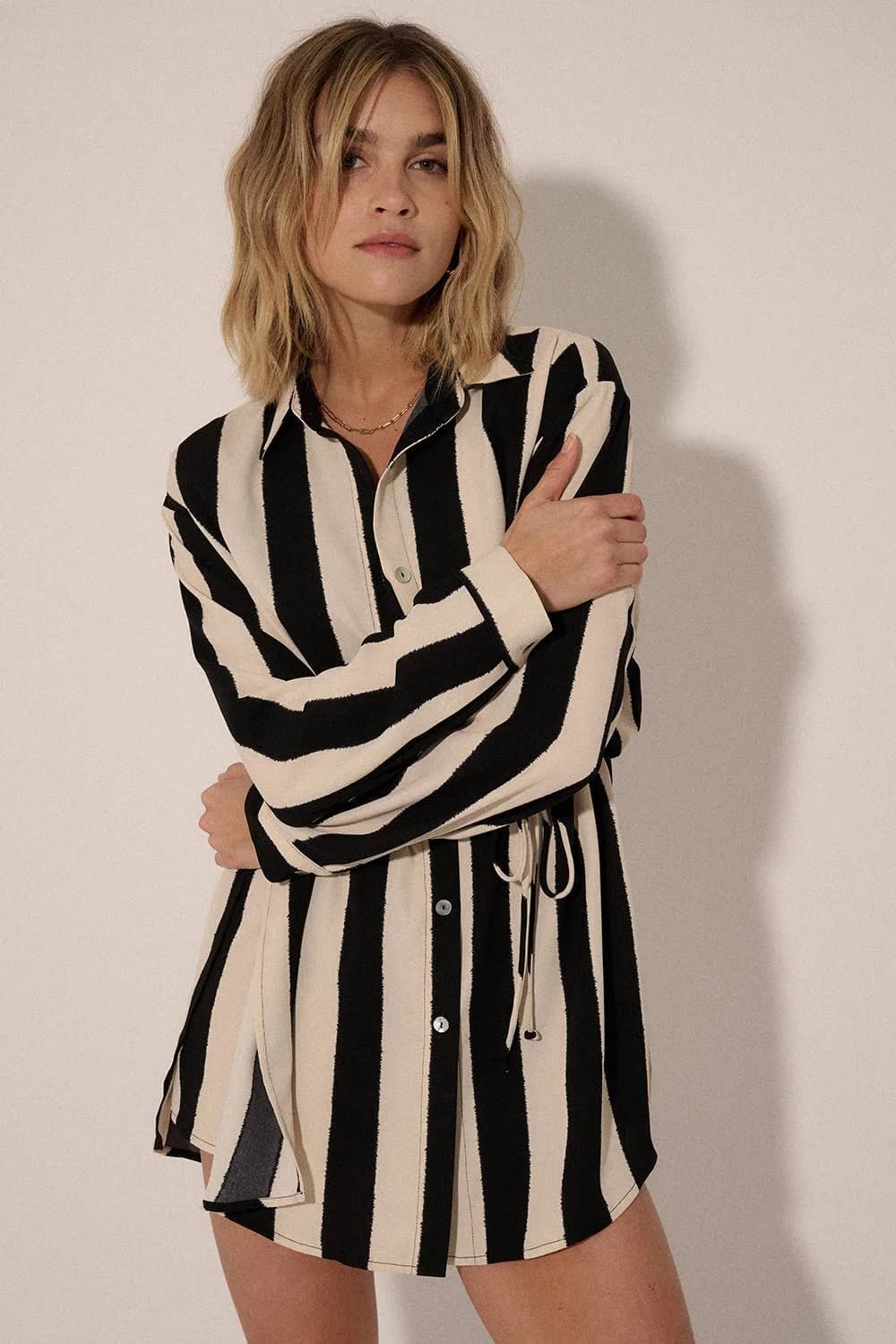 Striped Collar Neck Button Front Yoke Back Romper By Promesa