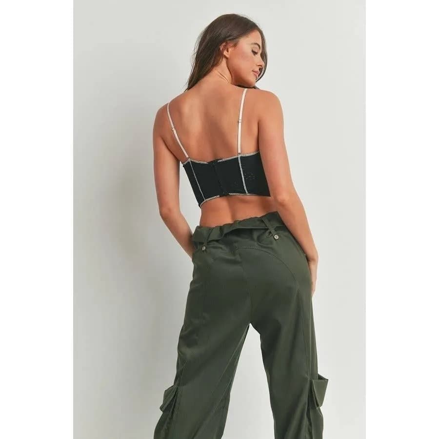 Contrast Stitching Open Back Crop Bustier (Black)