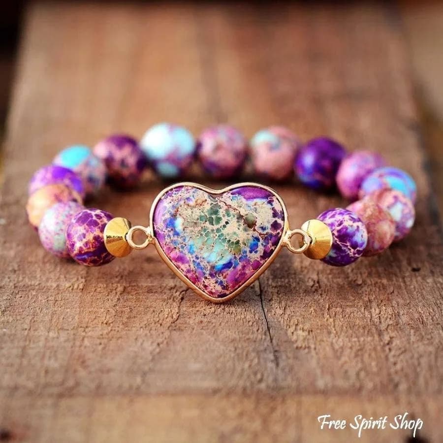 Handmade Purple Jasper Love Bead Bracelet Boho Heart Band