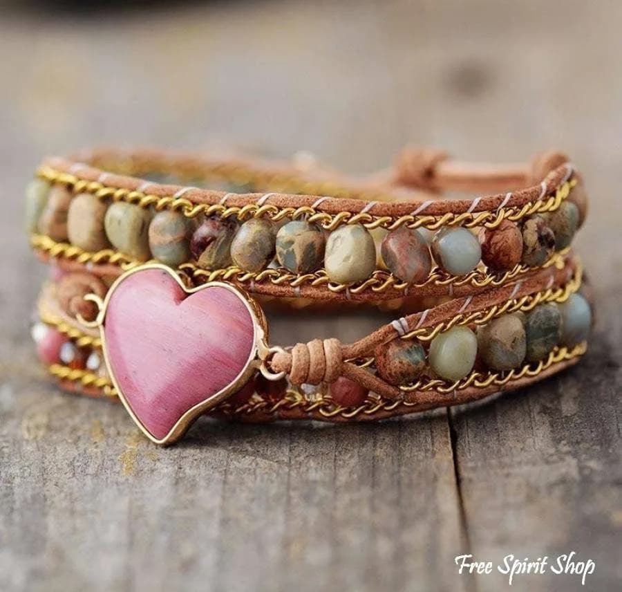 Rhodonite Jasper Heart Wrap Bracelet, Boho Beaded Strap