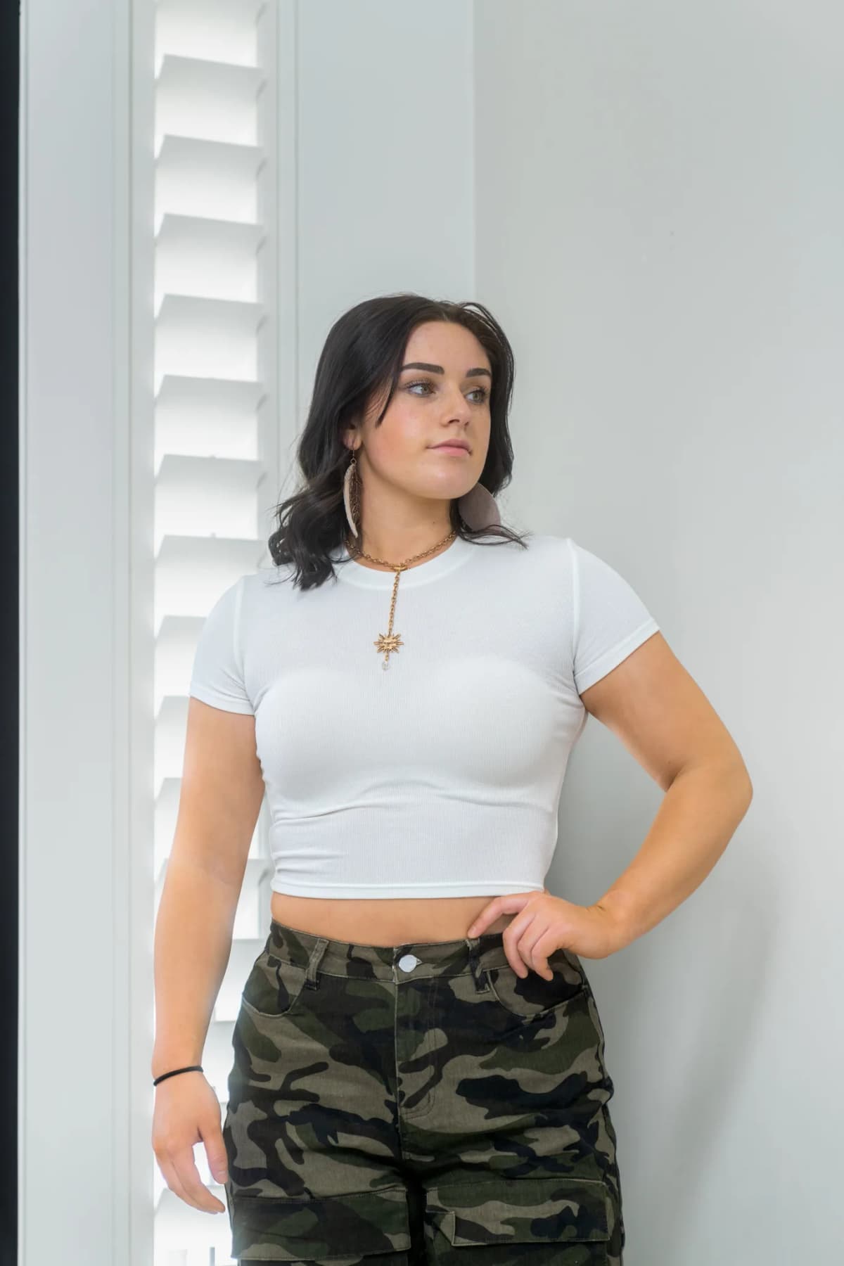 High Crew Neck Cropped Bodycon Short Sleeve Sun Imperial (White)