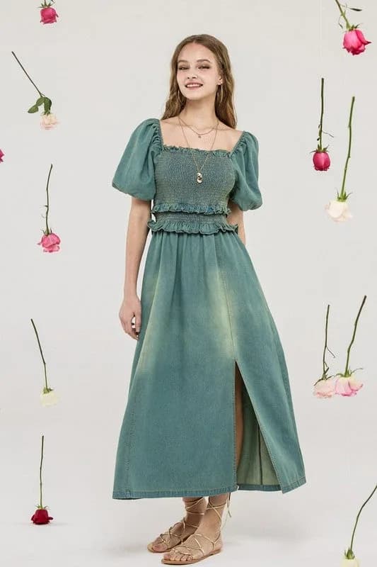 Denim Off Shoulder Puff Sleeves Smocked Dress