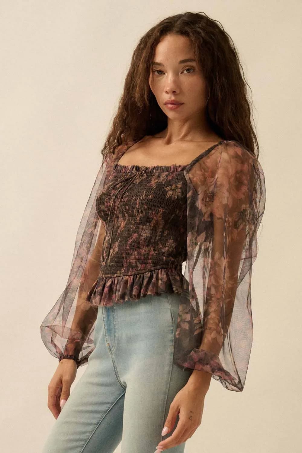 Layered Floral-Print Tulle Smocked Peasant Top by Promesa