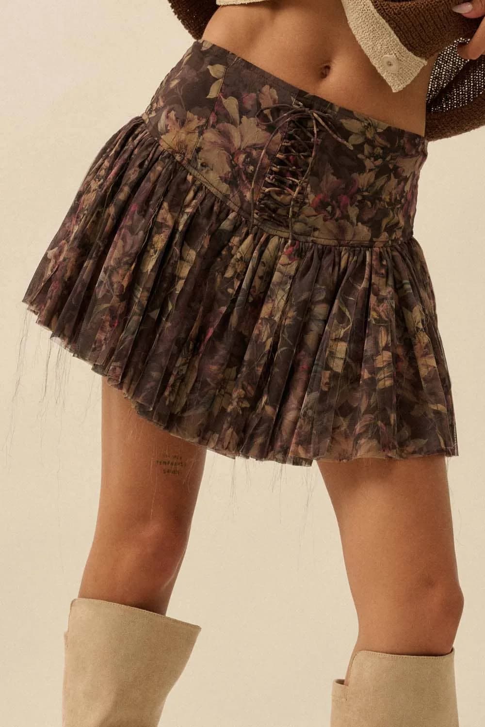 Floral Print Drop Waist Lace-Up Pleated Mini Skort by Promesa Restocked