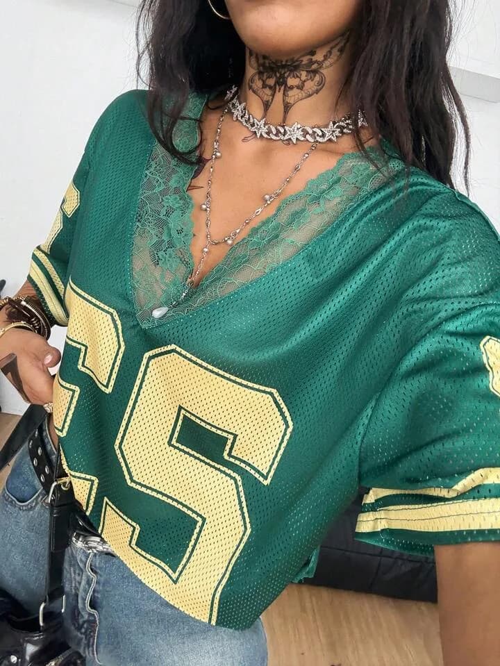 Green and Yellow Lace Trim Mesh Crop Top Jersey
