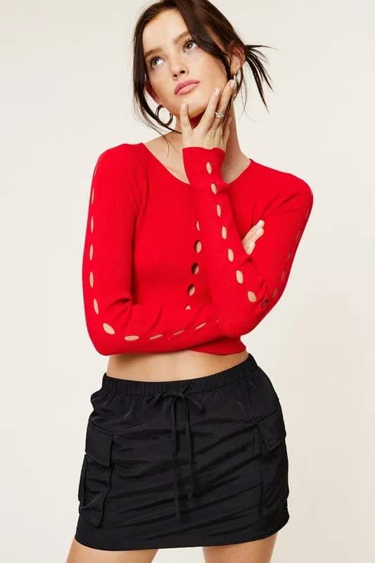 Red Long Sleeve Knit Top With Asymmetrical Cut Out Top