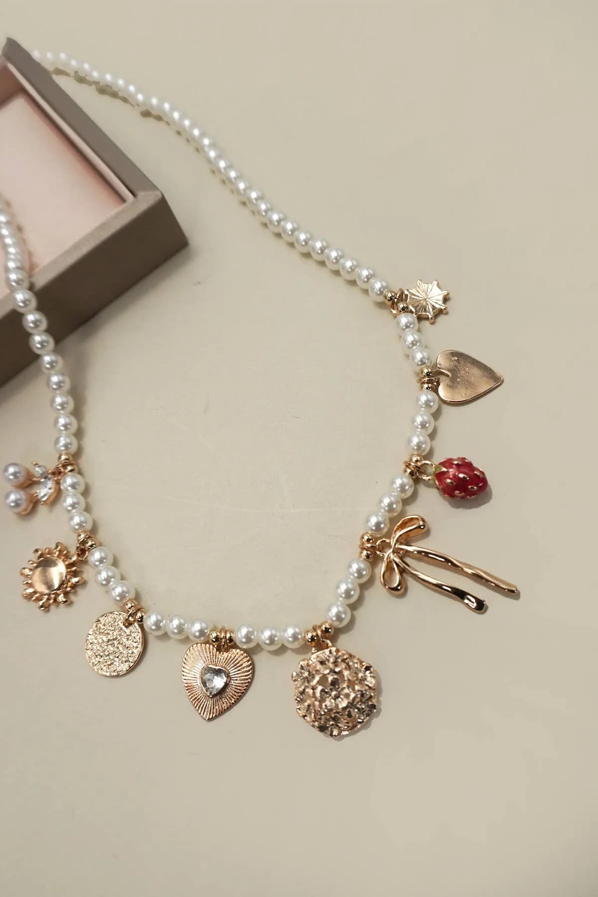 Pearl Beaded Bow Strawberry Cherry Necklace