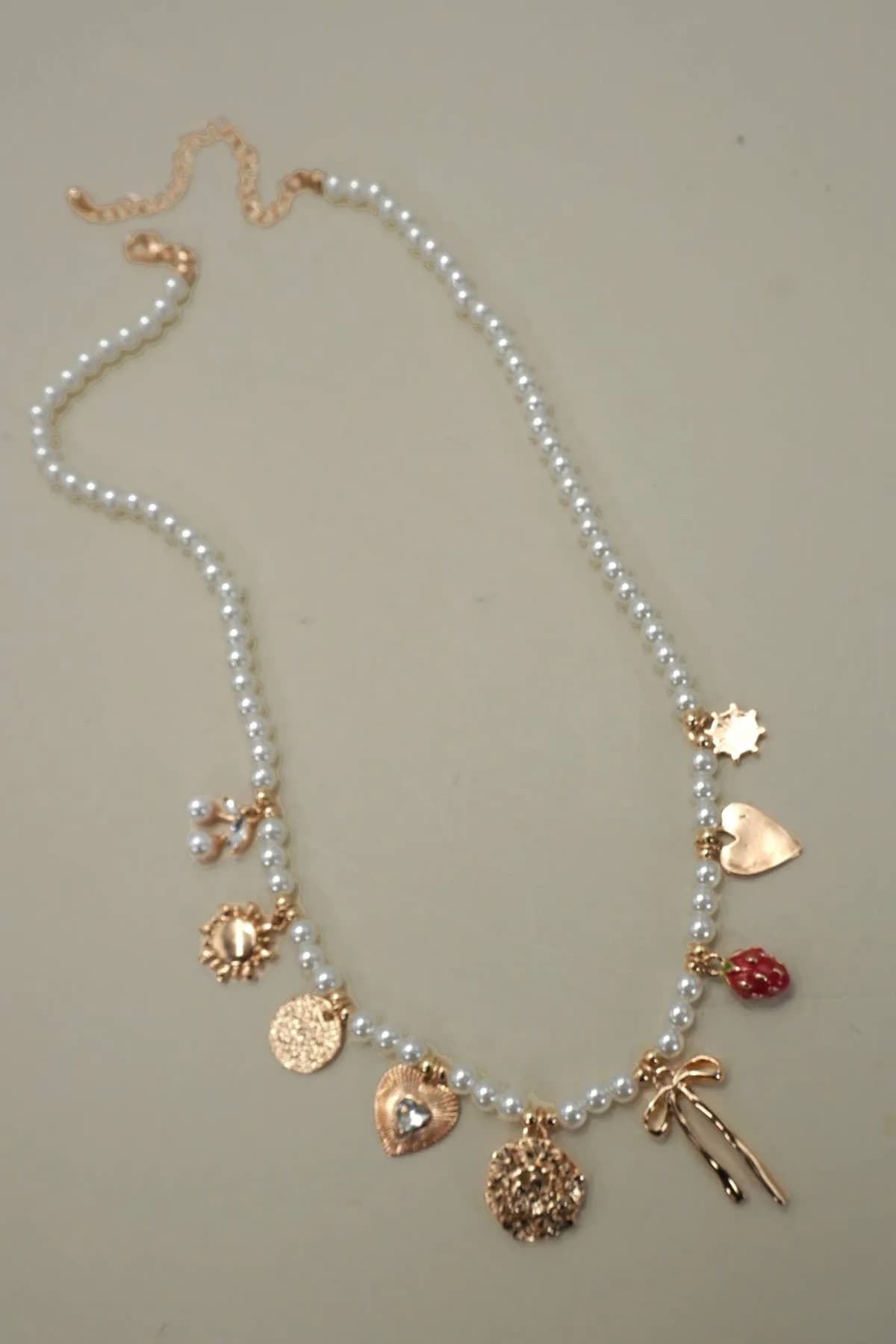Pearl Beaded Bow Strawberry Cherry Necklace