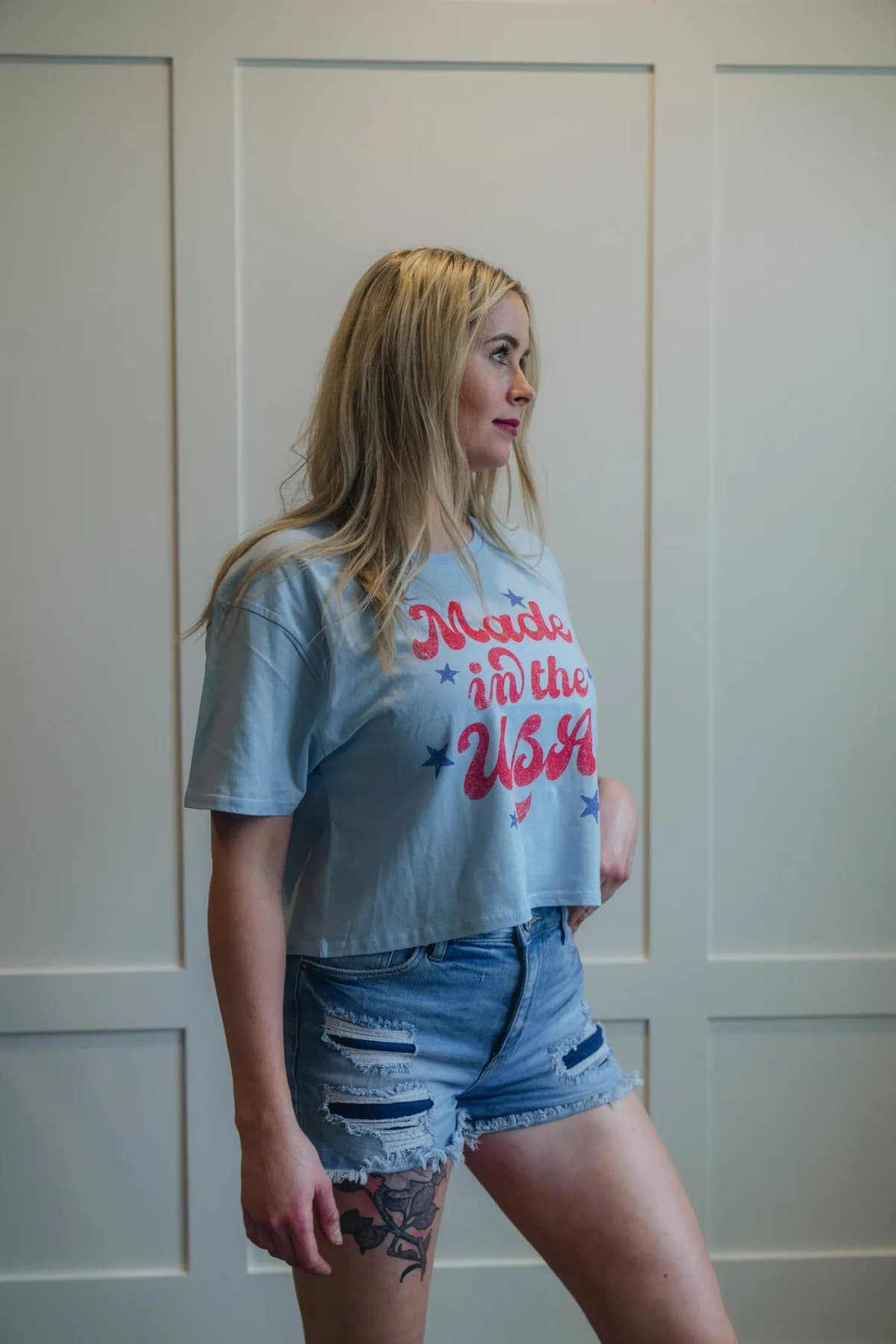 Made in the USA Crop T Shirt Blue