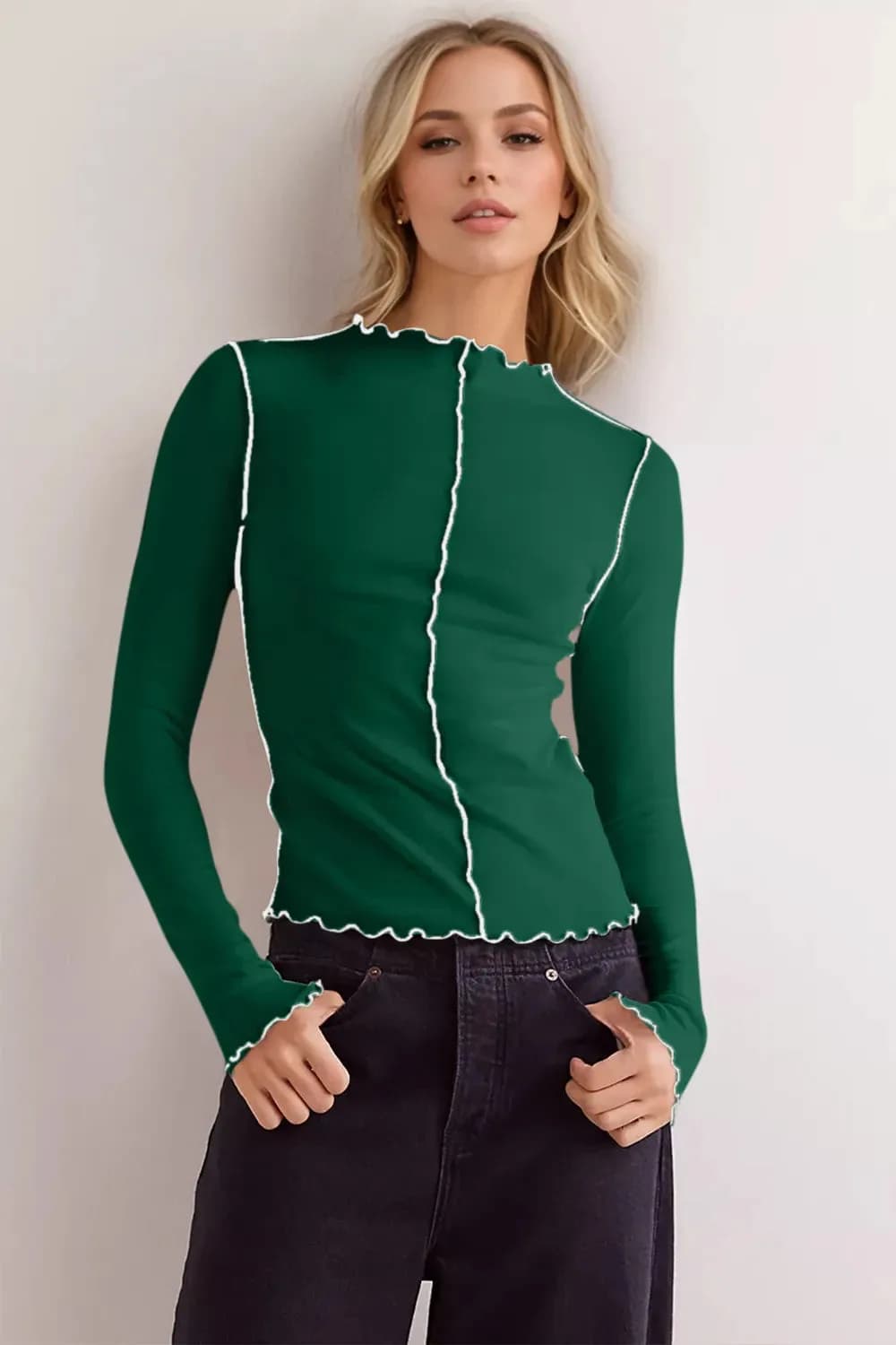 Basic Bae Contrast Trim Mock Neck Long Sleeve T-Shirt in Multiple Colors