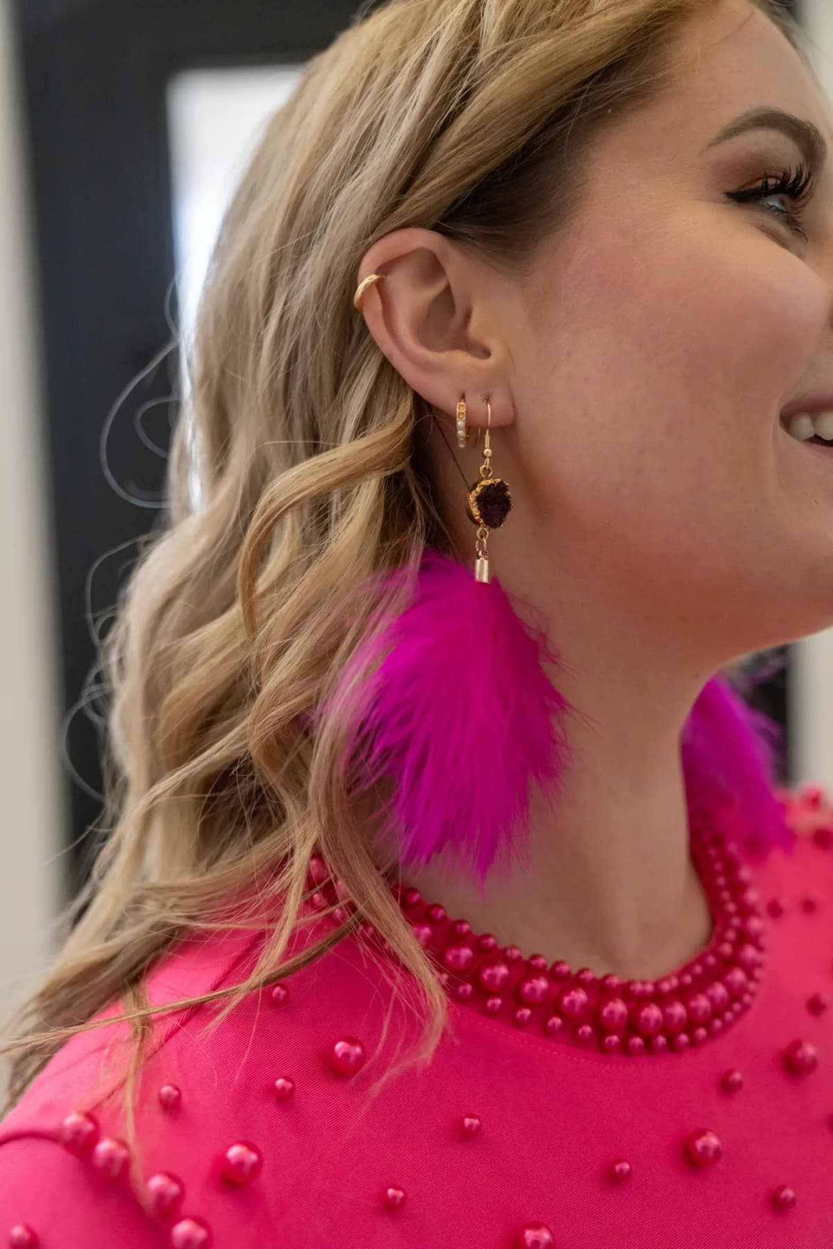 Temperament Feather Tassels Earrings Mio Queena (Pink)
