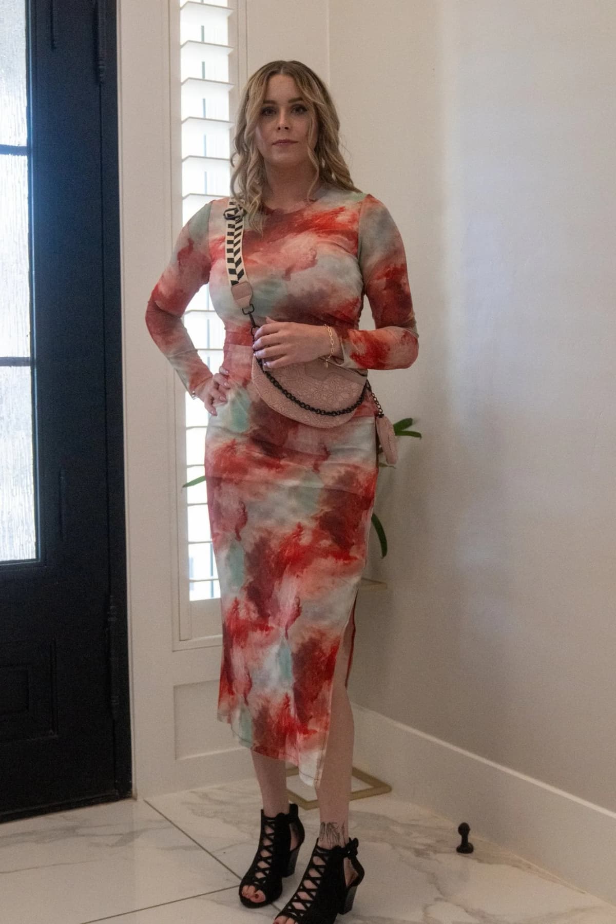 Rose Tie Dye Black Mesh Ruched Split Maxi Dress