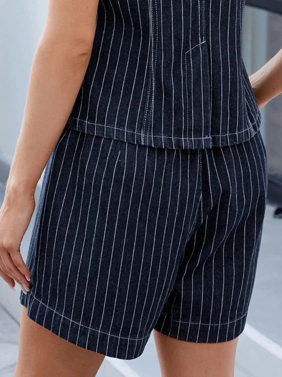 Moni Round Neck Striped Top and Shorts Denim Set