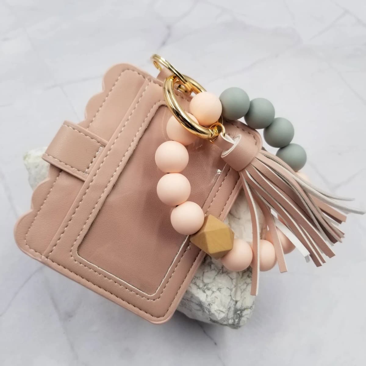 Silicone Bead Bangle Keychain Bracelet Card Holder (Pink)