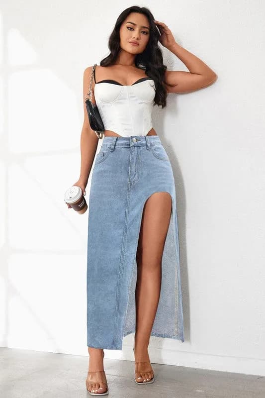 Long Denim Sexy Slit Skirt by Clyde