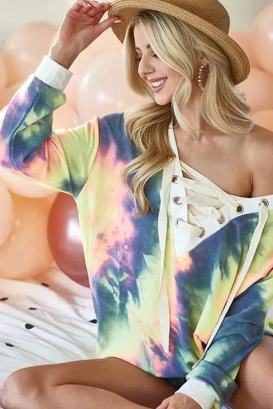 BiBi Tie Dye Deep V-Neck Top with Lace Up Front