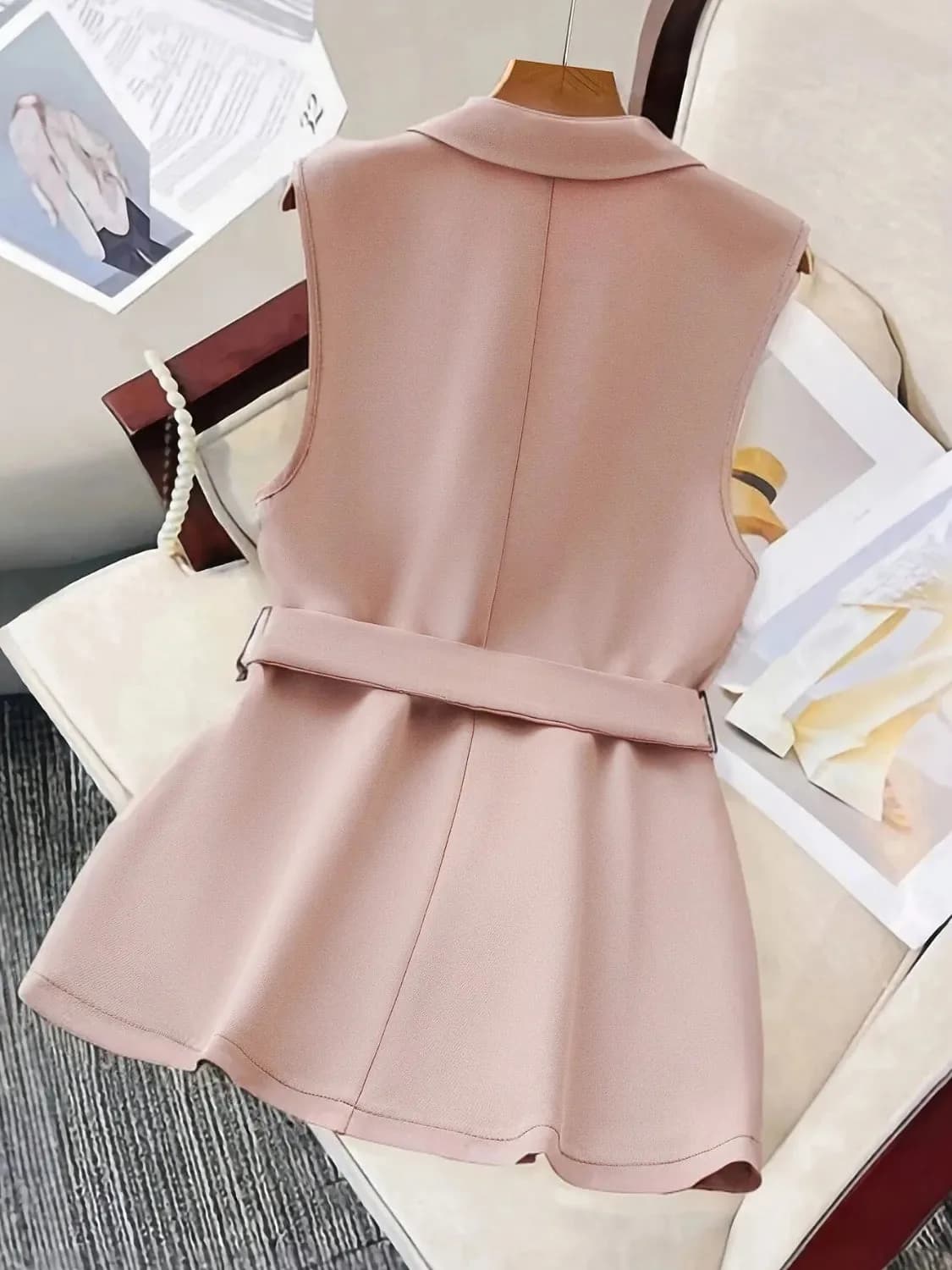 Tie Waist Lapel Collar Sleeveless Blazer In Pale or Black