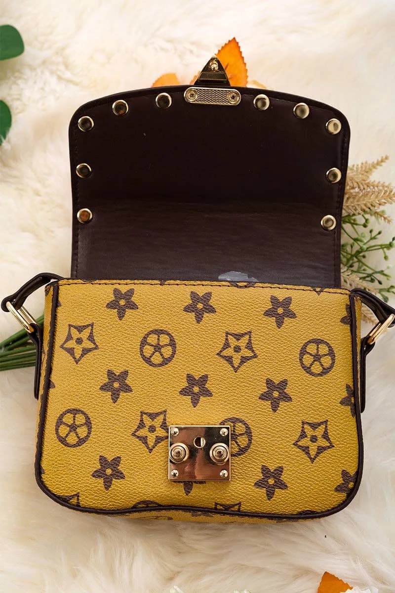Yellow & Brown Trim/Spike Detail Crossbody Purse