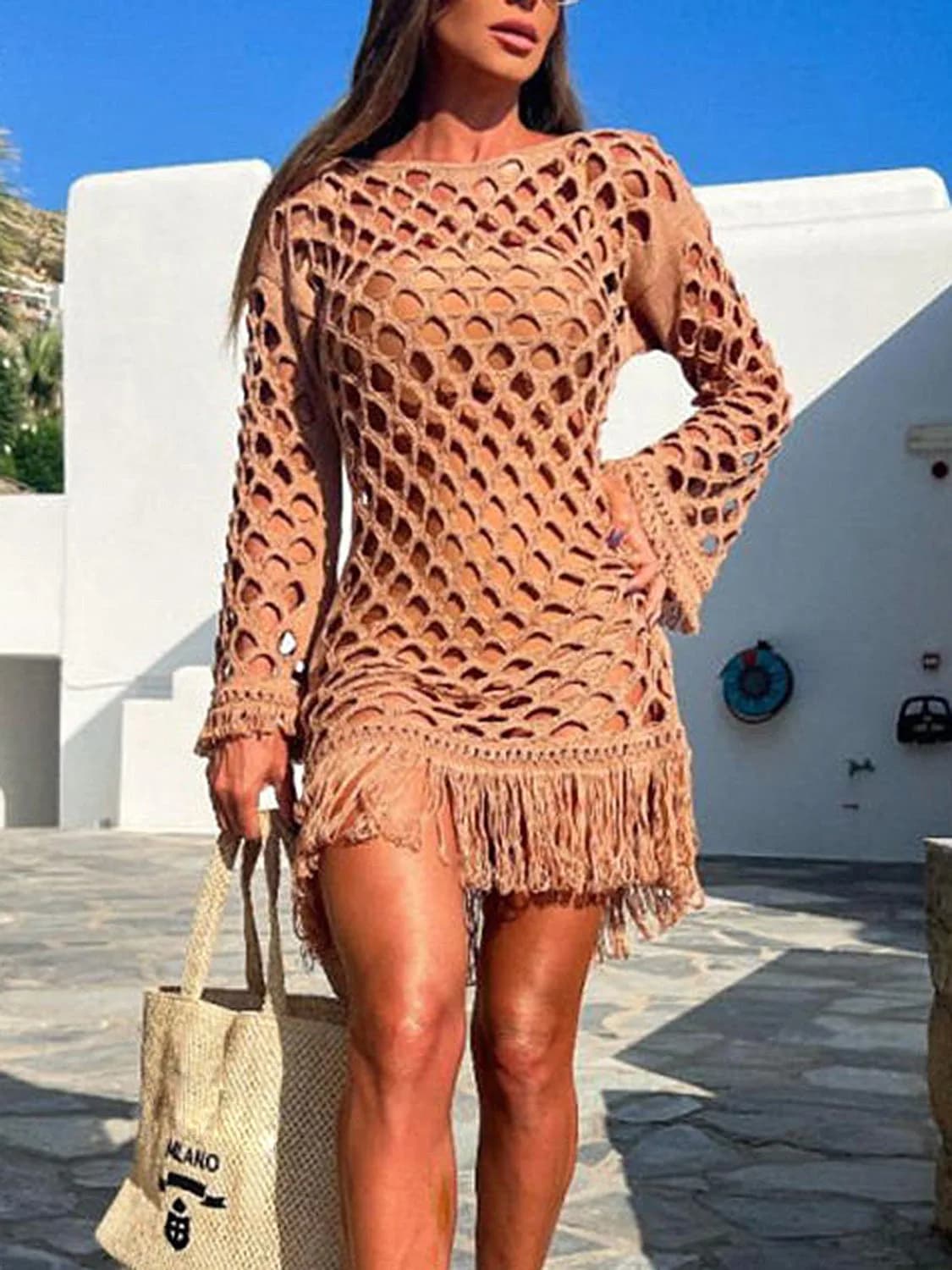 Fringe Cutout Long Sleeve Cover Up Multiple Colors