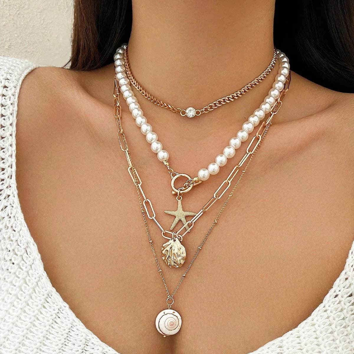 Ocean Style Conch Shell Multilayer Necklace (Pearl Seashell)