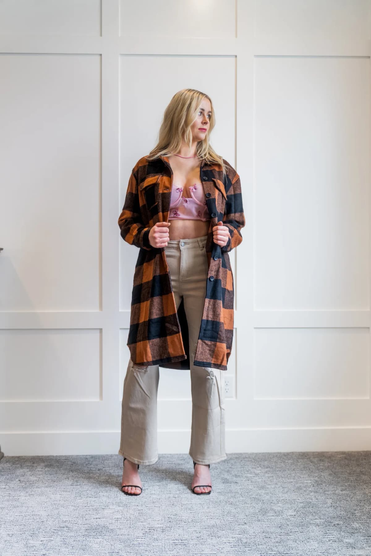 Plaid Flap Pocket Long Shacket by La Miel
