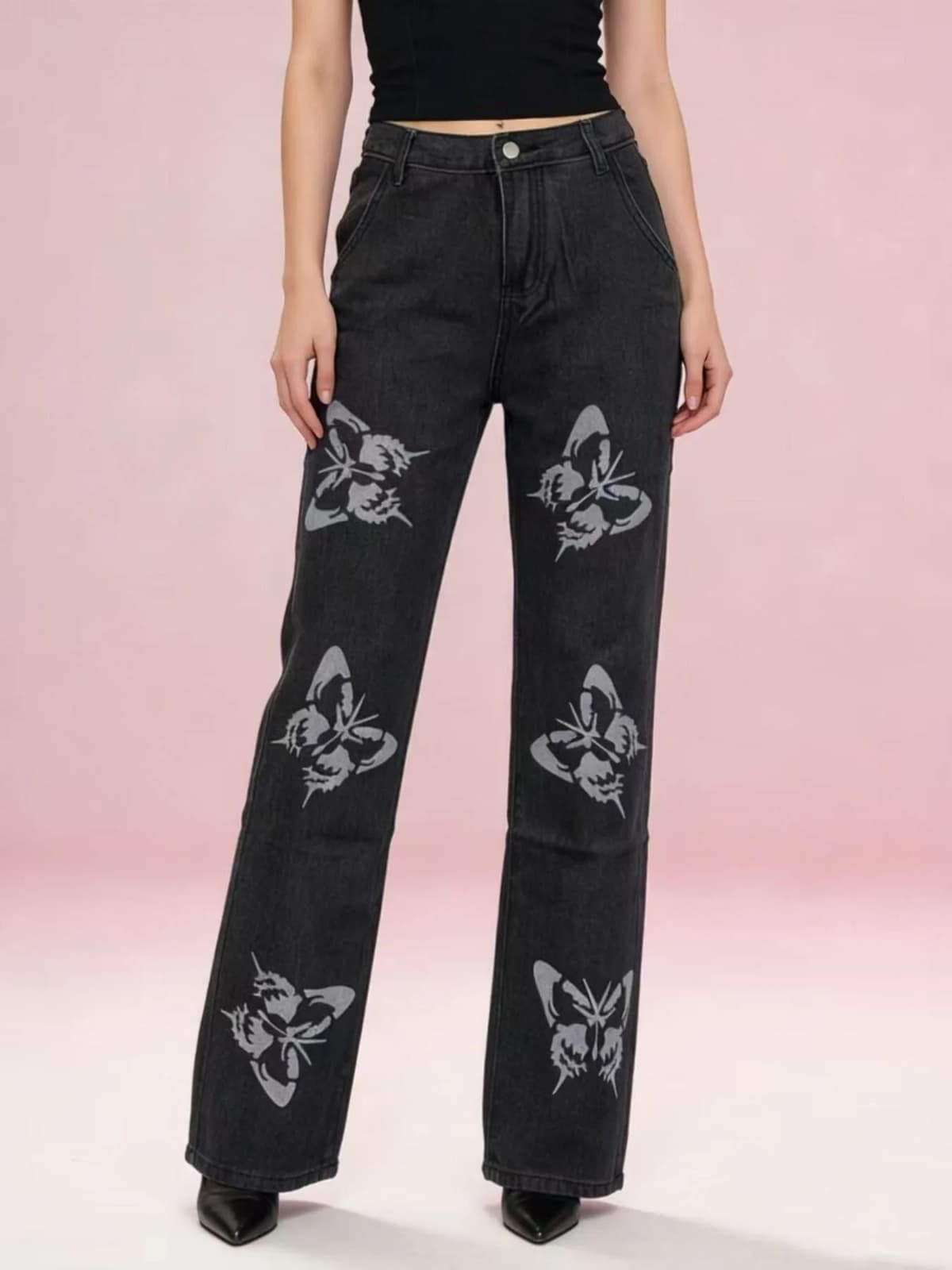 Butterfly Print High-Waisted Wide Leg Jeans