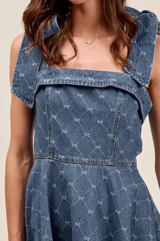 A Line Fit and Flare Diamond Bow Ribbon Denim Dress