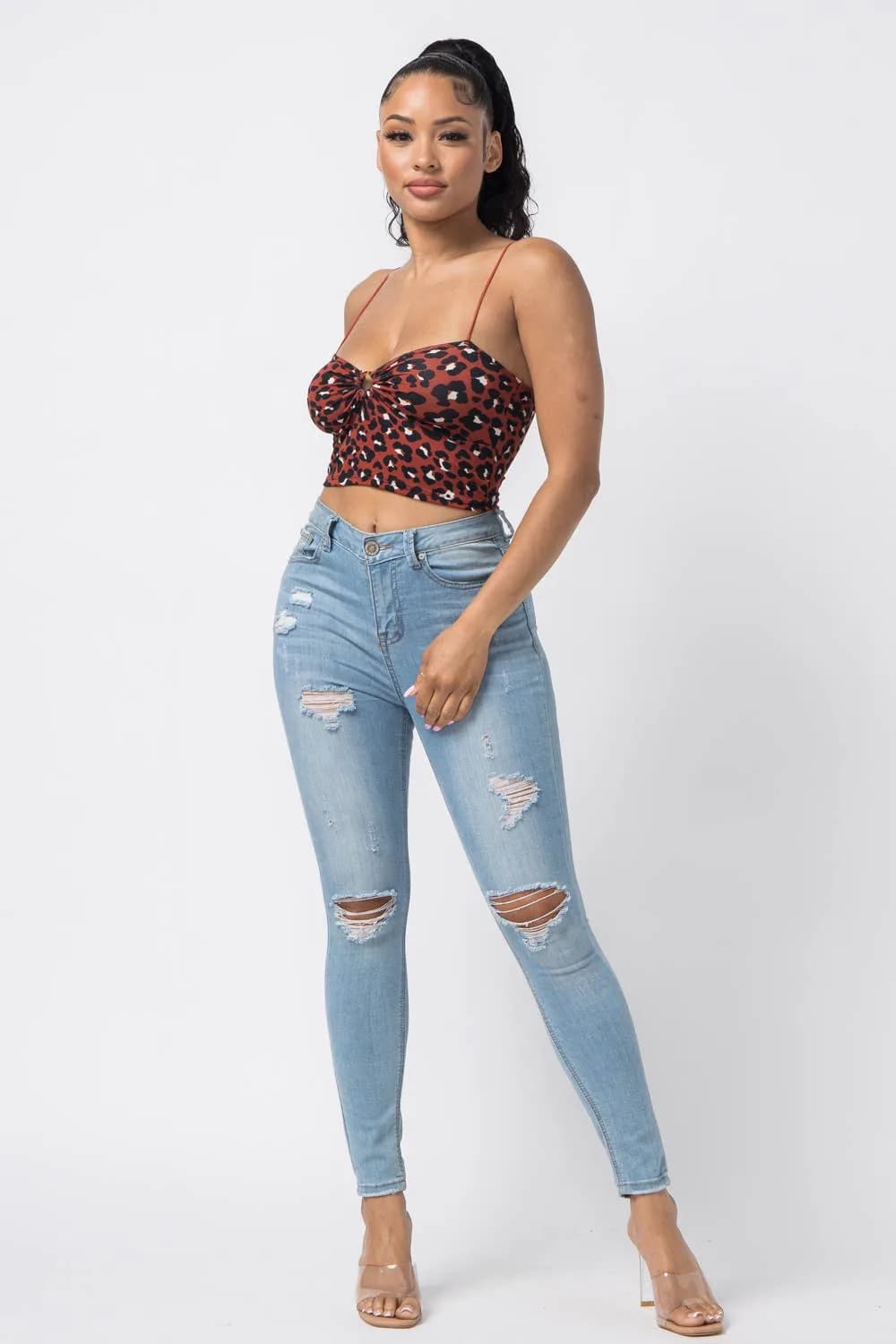 Animal Print Leopard Sleeveless O Ring Crop Top Julia by LoveJ (Rust)