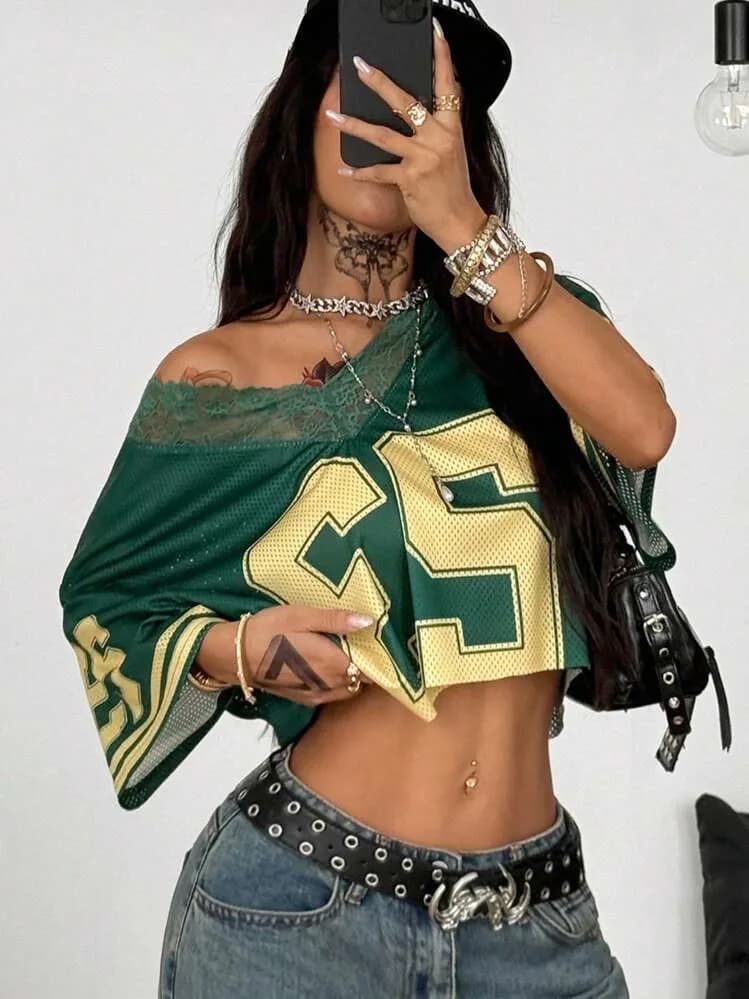 Green and Yellow Lace Trim Mesh Crop Top Jersey
