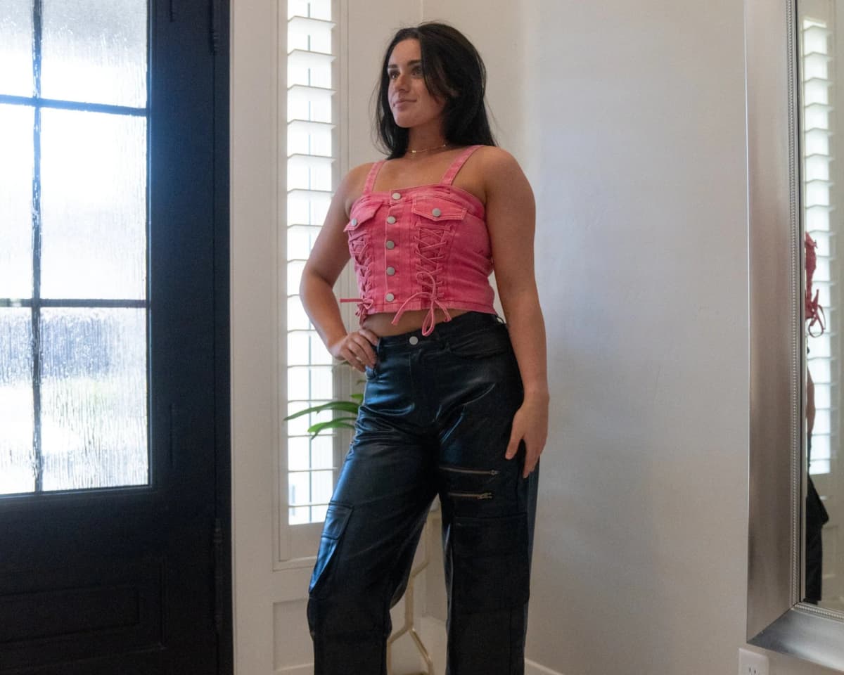 Denim Button Down Lace Up Detail Smocked Back Crop Top
