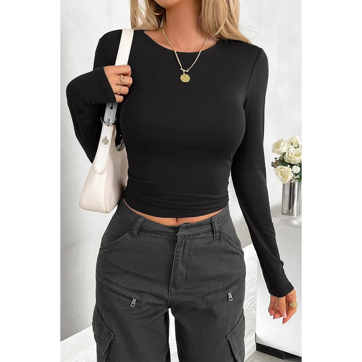 Round Neck Solid Long Sleeves Elastic Fit Top (Black)